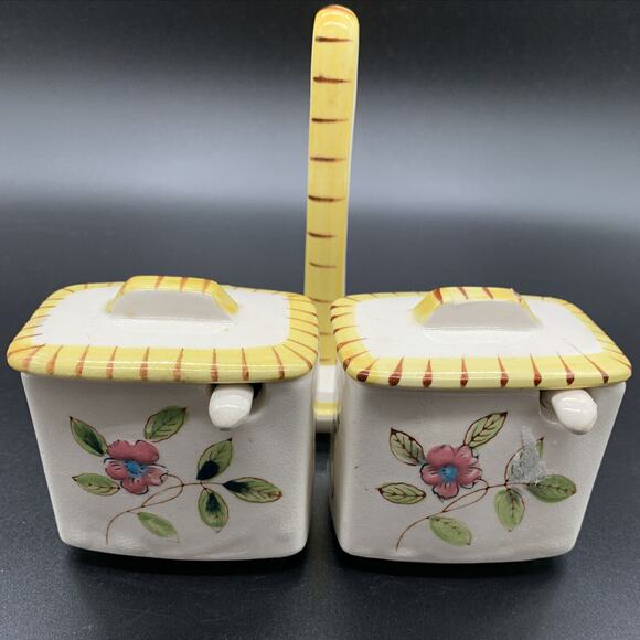 Vintage Floral Flowers Jam Jelly condiment jar Spoons and Handled Tray Yellow - Picture 3 of 7